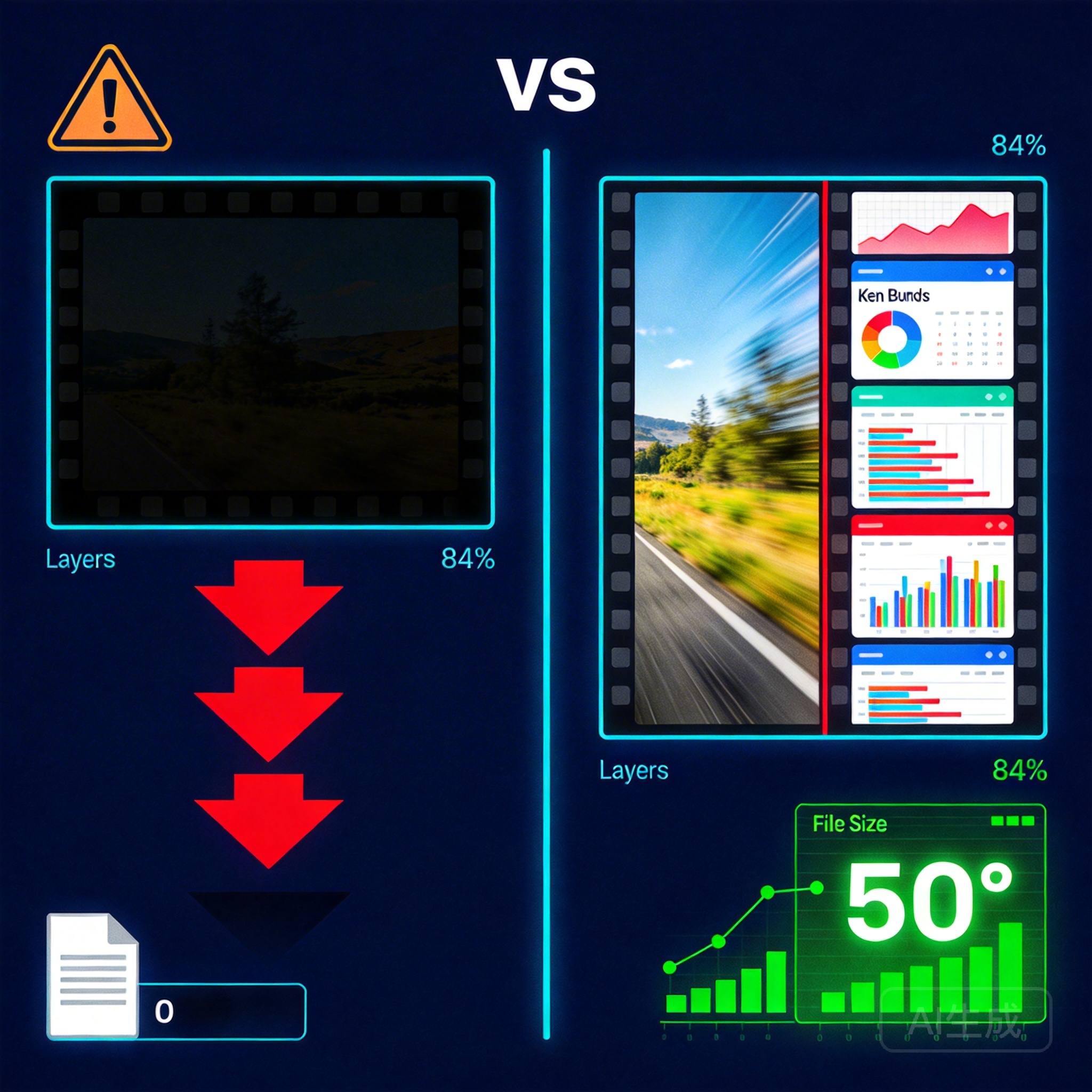 图片使用对比：三重压制(左)导致画面漆黑，分屏面板(右)图片清晰有力