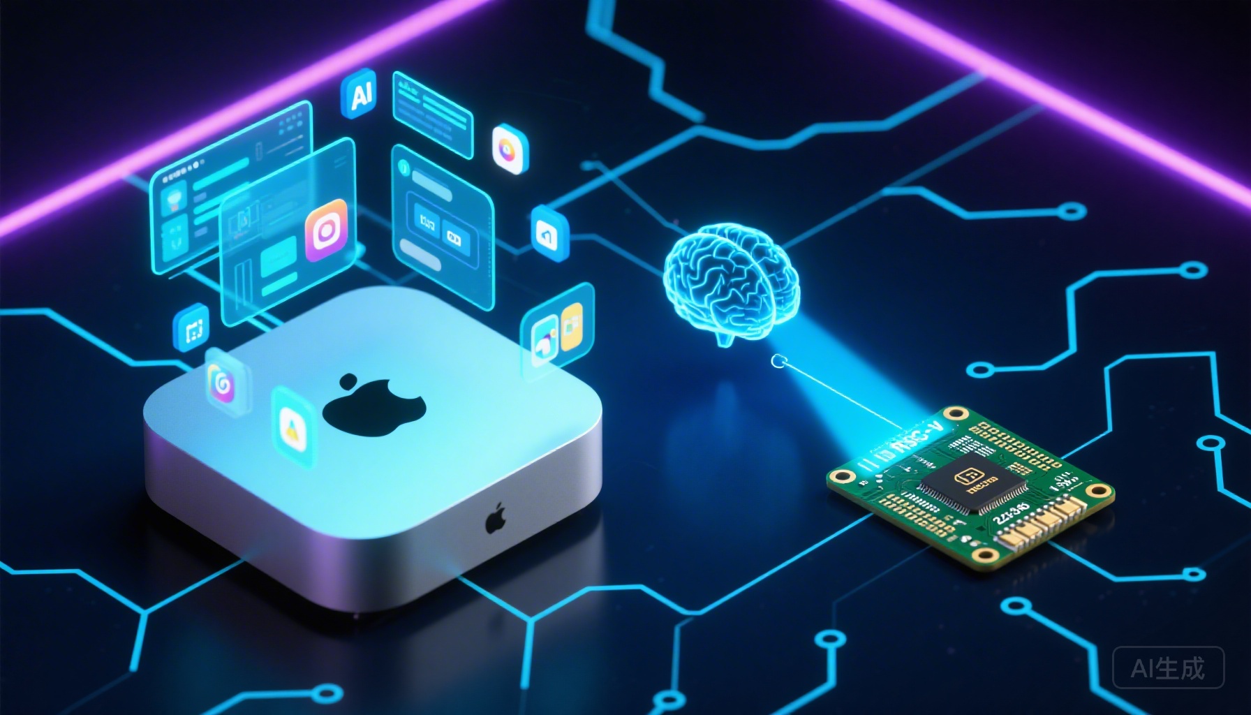 题图：Mac mini 与 RISC-V 开发板的 AI 对决